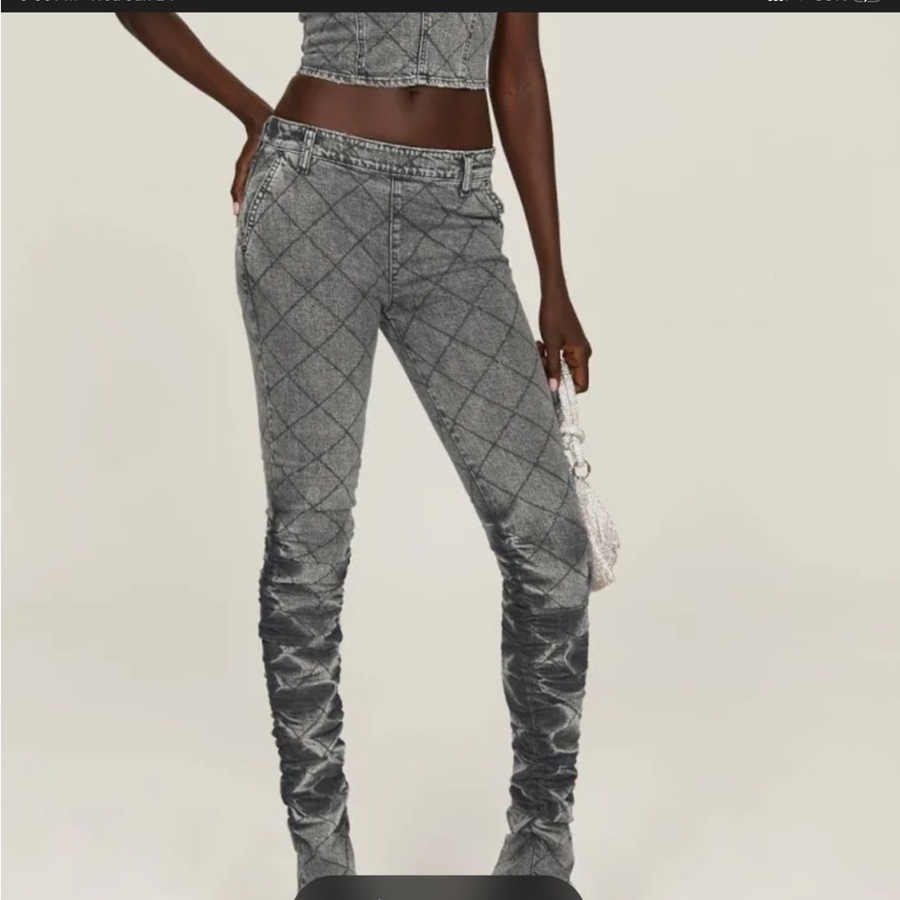 Retrofit women Gray Quilted-Pattern Relaxed Jeans with Side Zip